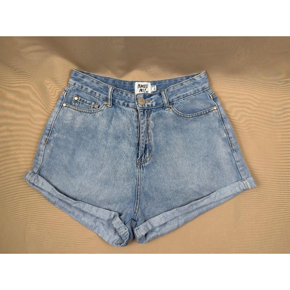 Princess Polly High Waisted Cuffed Denim Shorts Light Wash Blue Mom Jean Sz 4